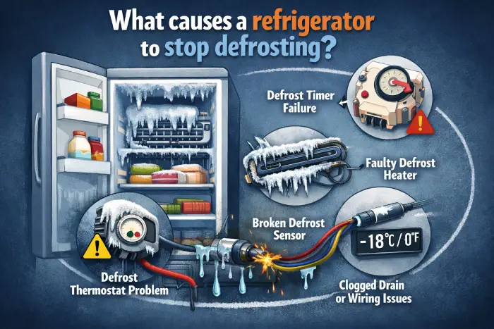 What causes a refrigerator to stop defrosting
