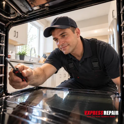 Express Repair technician repairing an oven